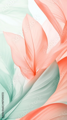 Close-up of delicate coral and mint green plant leaves in studio