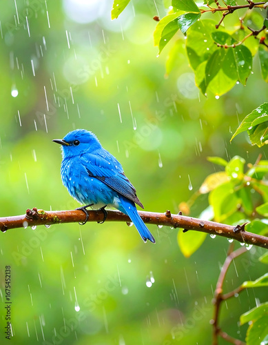 Blue bird in rainy forest