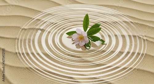 Delicate Flower and Leaves Resting in Sand with Concentric Rippl