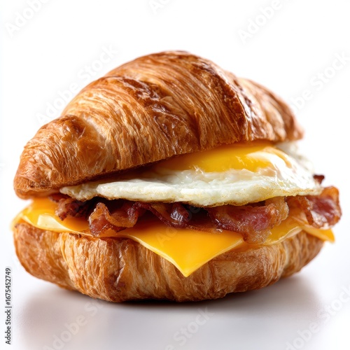 Delicious flaky croissant sandwich filled with crispy bacon melted cheese and sunny side up egg on a white background close-up