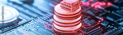 Digital Currency Red Glowing Stacked Coins on Circuit Board, Finance , Blockchain