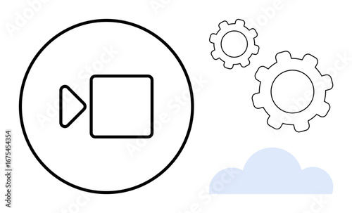 Video recording icon in a circle, gears for process automation, and a cloud for digital storage. Ideal for technology, cloud computing, workflow, data management, software, video editing