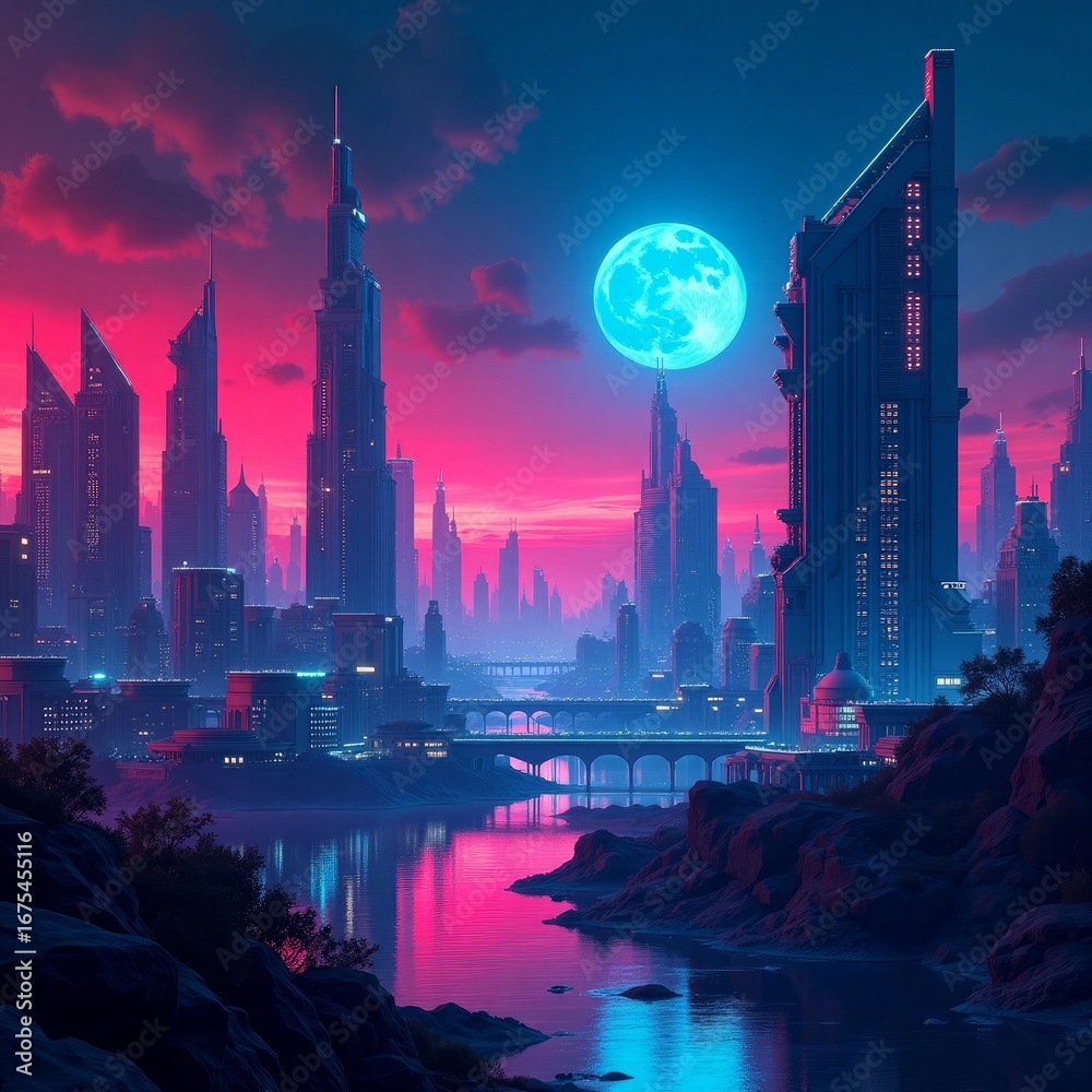 Fototapeta premium Pink Sunset Blue Moon Neon Cityscape River Reflections