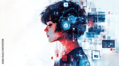 Wallpaper Mural Young Asian woman with abstract technology elements, thoughtful mood Torontodigital.ca
