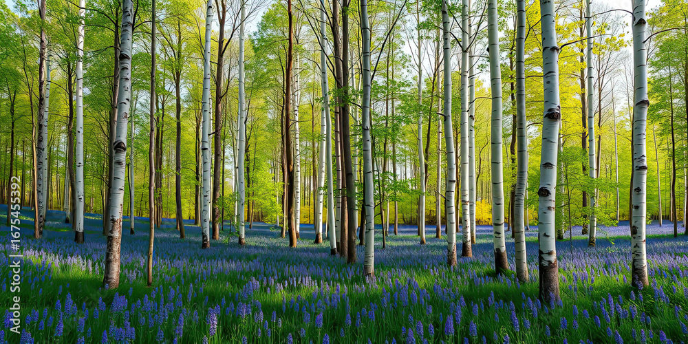 Fototapeta premium Scenic birch forest with tall white tree trunks and vibrant blue wildflowers carpeting the woodland floor, peaceful natural landscape with sunlight shining through green leaves, tranquil outdoor envir