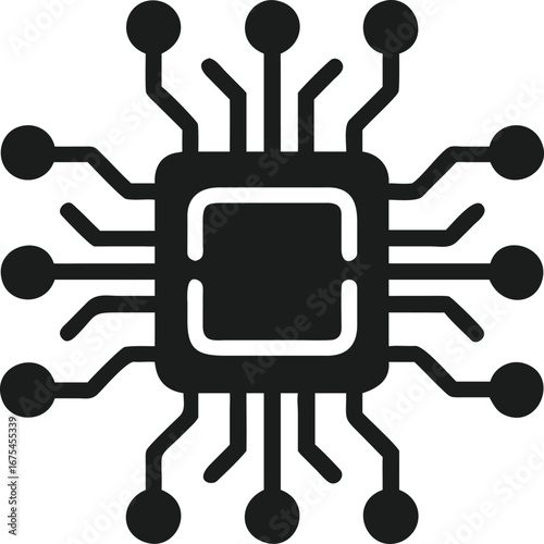 Black icon of a central processing unit with radiating connections processor chip