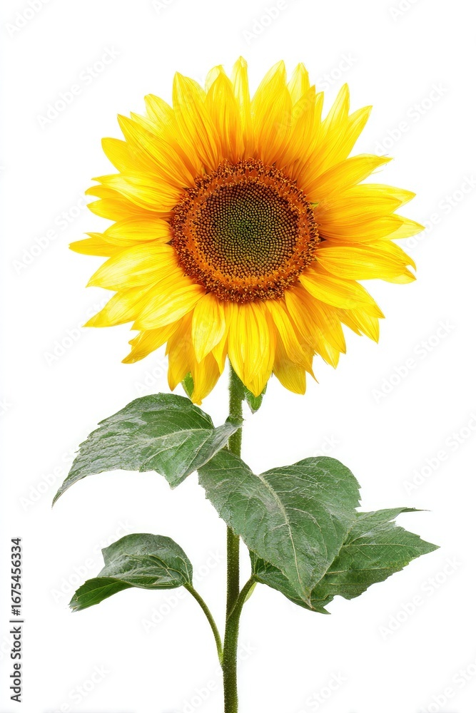 Obraz premium Single sunflower with vibrant yellow petals and dark center, green leaves on a tall stem, isolated on white background