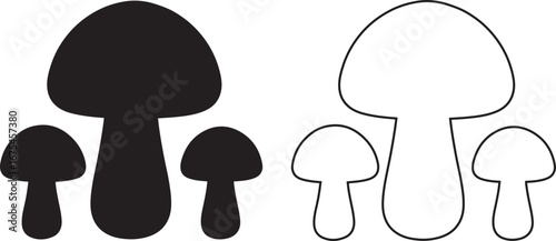 Two sets of mushroom silhouettes black and white simple outline and solid fill designs.