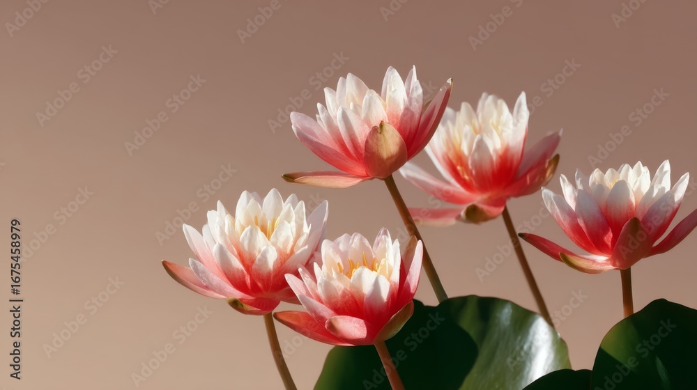 Fototapeta premium Beautiful pink water lilies bloom gracefully in a serene setting. Their vibrant petals contrast with lush green leaves. Ideal for nature lovers and relaxation themes. AI