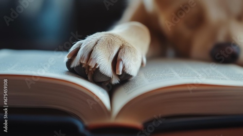 Golden Retriever resting paw on book indoors during daytime