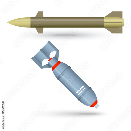 Realistic vector illustration of a military guided missile and an aerial bomb