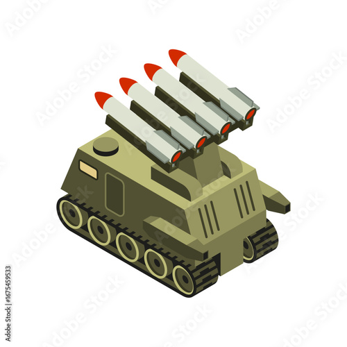 Isometric armored combat vehicle with a multiple rocket launcher system for defense