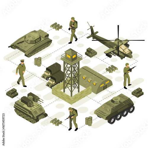 Set Strategic Military Encampment with Army Units and Tactical Equipment Isometric Illustration