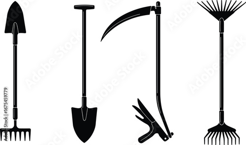 Silhouette of garden tools including shovel, rake, scythe, pruner, spade, farming equipment, soil tool, outdoor landscaping, gardening gear, essential tools.