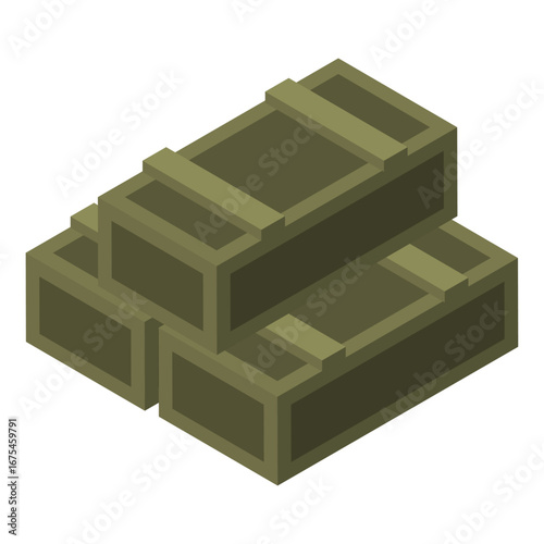 Stack of green wooden ammunition boxes in isometric view on a white background