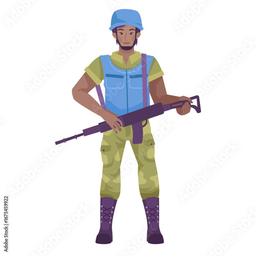 Peacekeeper soldier with rifle wearing blue helmet and vest