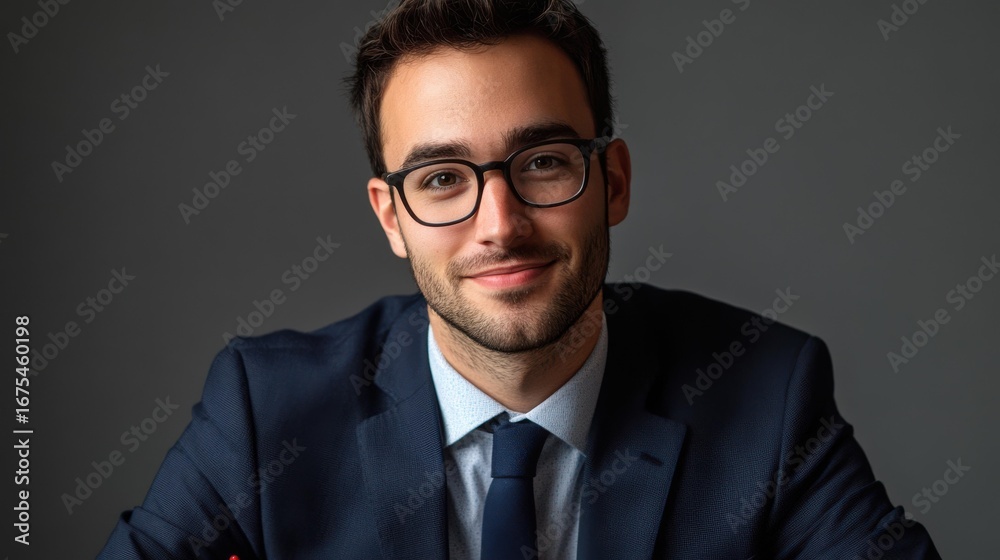 Young Caucasian man in suit and glasses, calm and confident in studio Young Caucasian man in suit and glasses, calm and confident in studio
