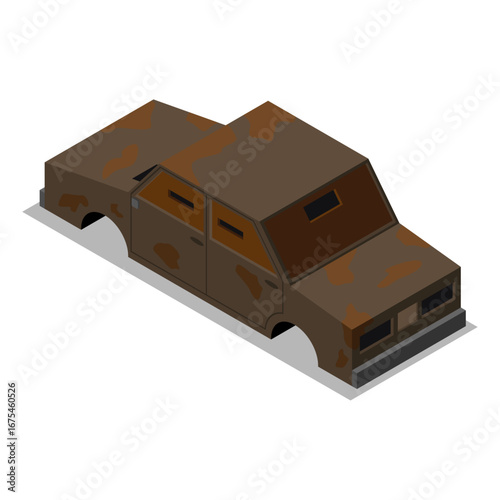 Rusty Old Car Isometric Illustration of a Derelict Vehicle
