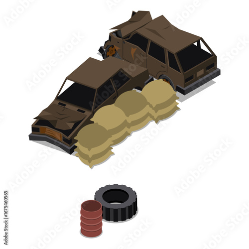 Set visualizing the Aftermath Abandoned Vehicles and Industrial Waste in a State of Disrepair