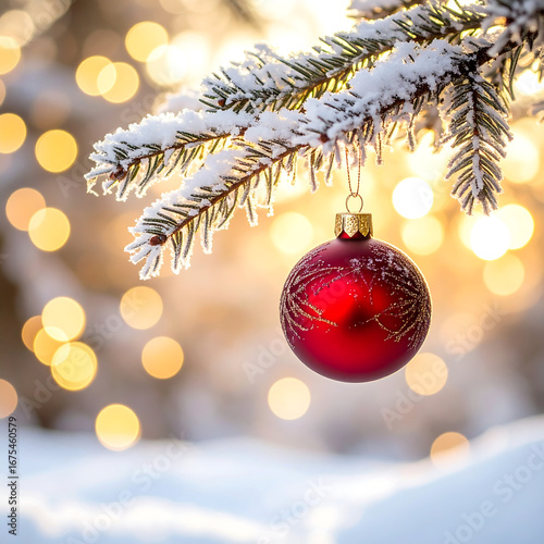 Christmas ornament on snowy branch