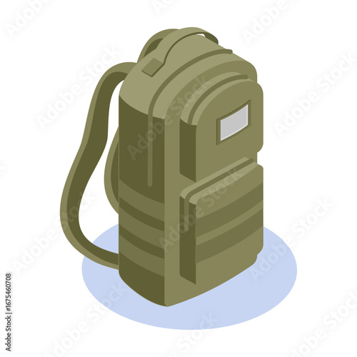 3D illustration of a tactical backpack with adjustable straps and multiple compartments