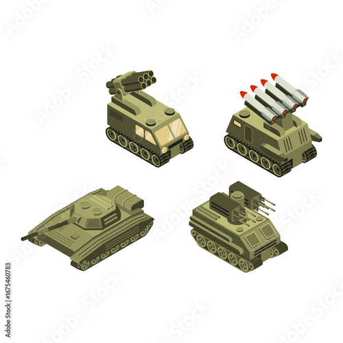 Set A collection of military armored combat vehicles in an isometric style