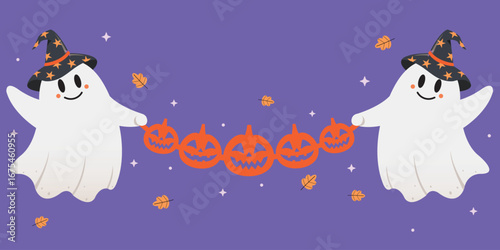 Vector illustration of a cute spooky ghost character holding halloween pumpkin design. Happy and Celebration Halloween party.