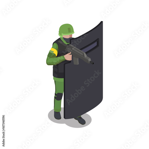 Isometric illustration of a soldier with a riot shield and a rifle