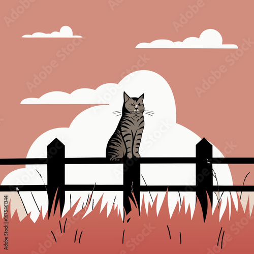 Cat sitting on a wooden fence in a minimalist landscape  