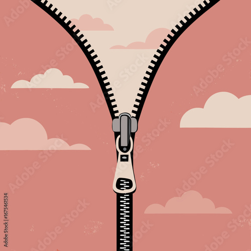 Zipper illustration opening against a pink sky with clouds  