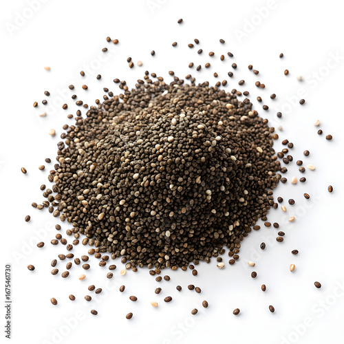 Single dried chia seed isolated on white background, highlighting its tiny size, speckled texture,