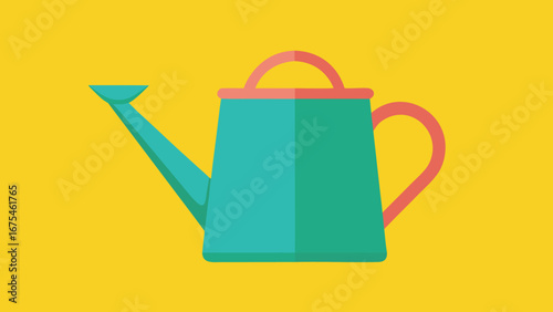 Teal Watering Can with Pink Accents on Yellow Background garden tool gardening