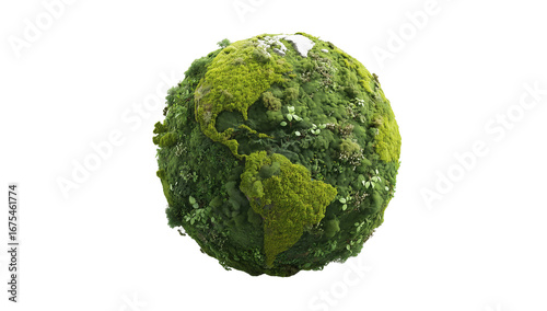 Green Eco Planet Earth with Forest Cover Showing Americas on Transparent Background