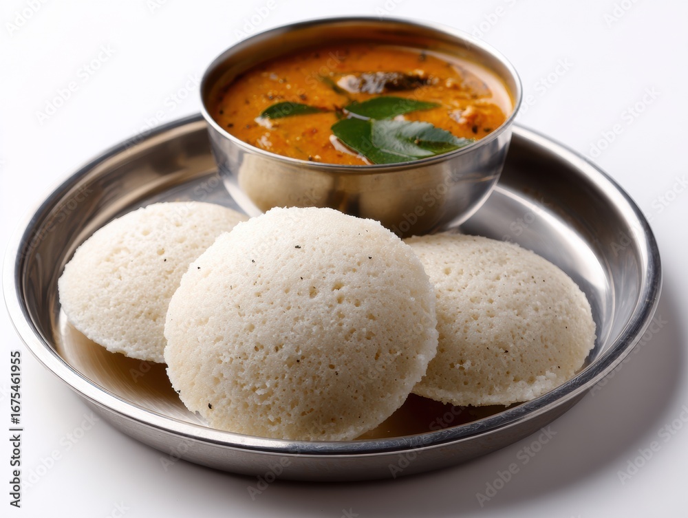 Traditional South Indian breakfast dish of soft and fluffy steamed rice cakes served with spicy tangy chutney in a stainless steel bowl on a round tray Traditional South Indian breakfast dish of soft and fluffy steamed rice cakes served with spicy tangy chutney in a stainless steel bowl on a round tray
