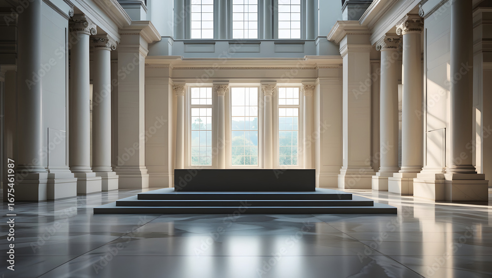 Obraz premium Interior Of A Large Building With Columns And A Stage