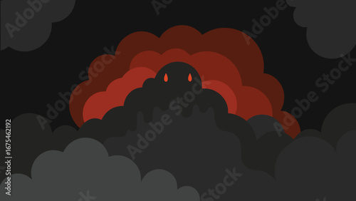 Abstract dark monster with glowing orange eyes emerging from layered red and grey clouds creature