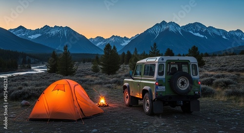 Illuminated Tent and Campfire Beside a Classic SUV Under Mountai