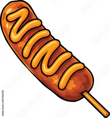 Corn dogs on sticks with mustard topping, asty street food snack, fast food meal, carnival and fair favorite, crunchy fried coating with sausage inside
