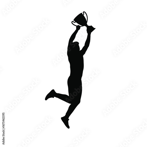Athlete jumping with trophy celebration victory