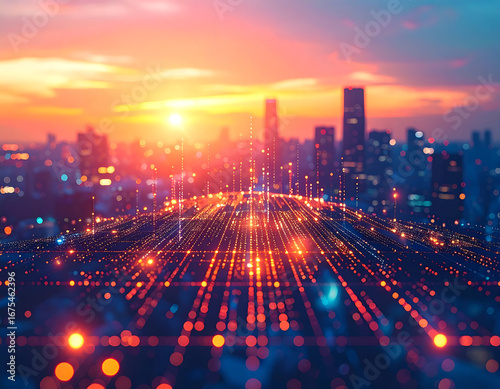 Cityscape digital network sunrise