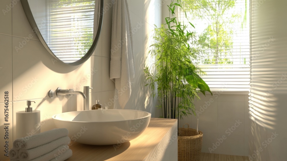 Fototapeta premium Sunlight brightens modern bathroom design.