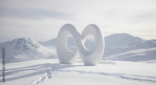 Infinity Loop Sculpture in Snowy Mountain Landscape with Footpri