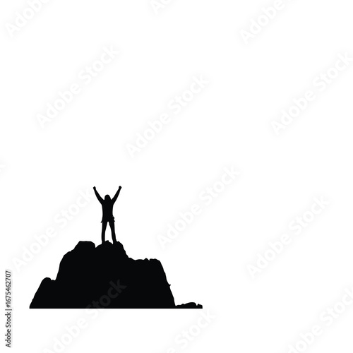 Silhouette of a person on a mountain peak, celebrating success.

