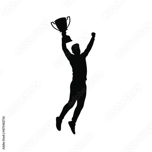 Silhouette of a triumphant athlete holding a trophy