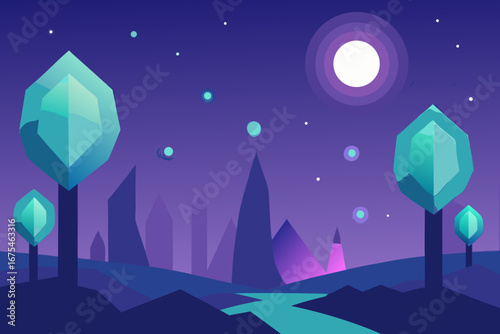 Stylized alien landscape with crystal trees and a glowing moon