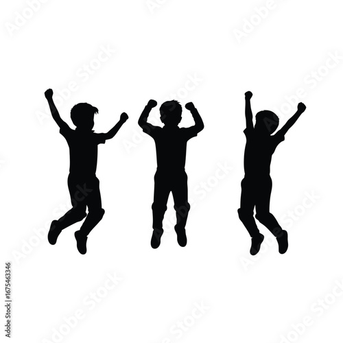 Three children jumping with joy celebration happiness