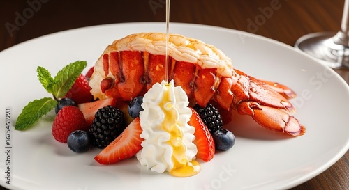 Lobster Tail with Berries and Honey Drizzle on White Plate, Fine