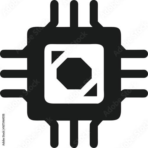 Dark Gray Icon of a Computer Microprocessor Chip with Internal Geometric Detail on Black Background