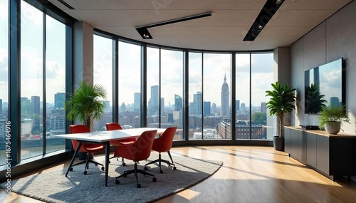 Modern London office space with large windows offering stunning city views, stylish minimalist design, perfect for corporate or creative businesses , minimalist, table, meeting