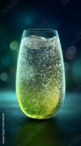 Sparkling lemonade with soda bubbles in modern glass, glowing background, and open space for branding.